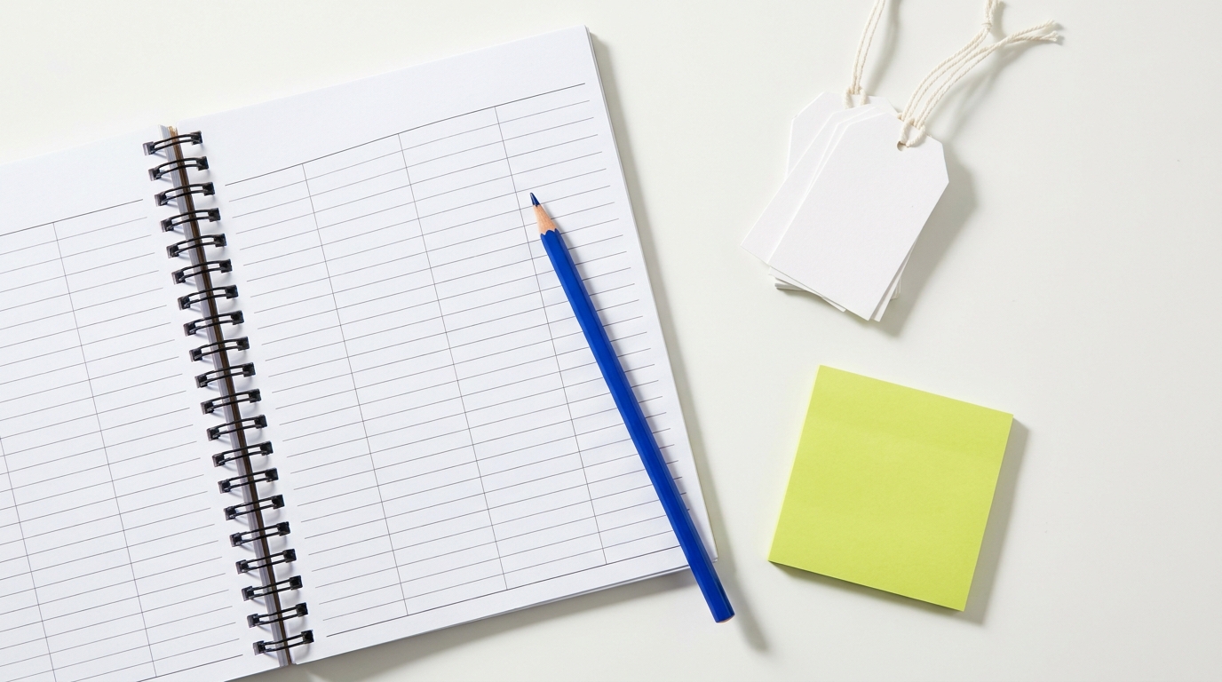 An open notebook with a blue pencil, blank price tags and a sticky note